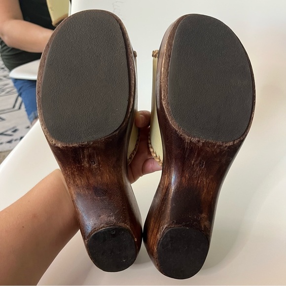 ✨ Frye Yellow Leather Braided Wedge Sandals 8M | Boho Wood Platform Slide - Picture 6 of 6